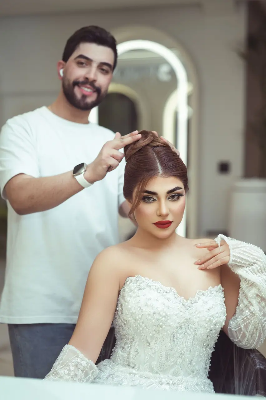 Bridal hair styling in progress